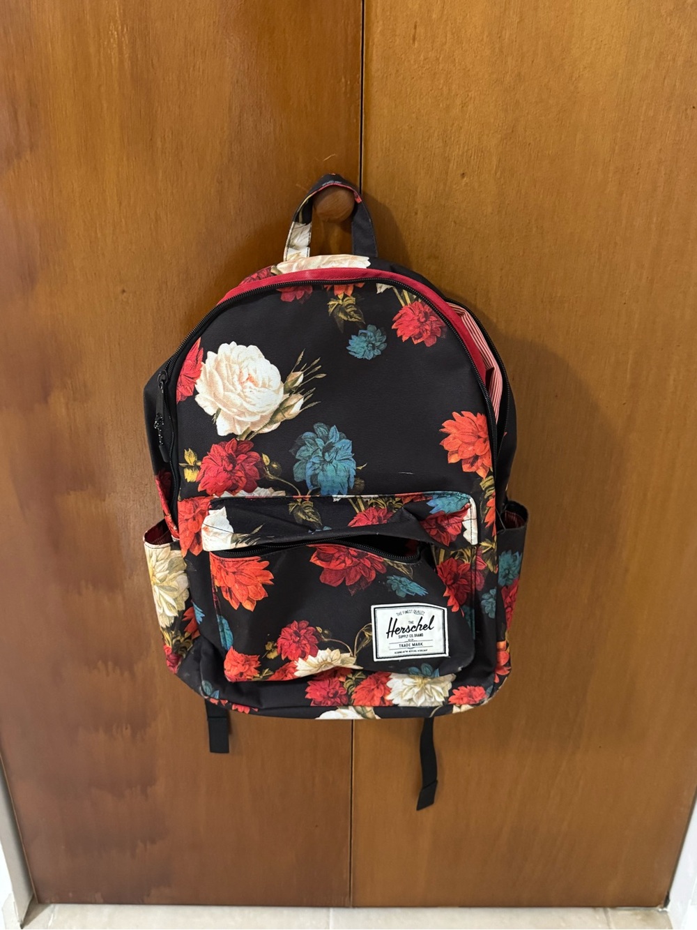 Herschel Supply Company Black Floral Backpack with Red & Teal Accents